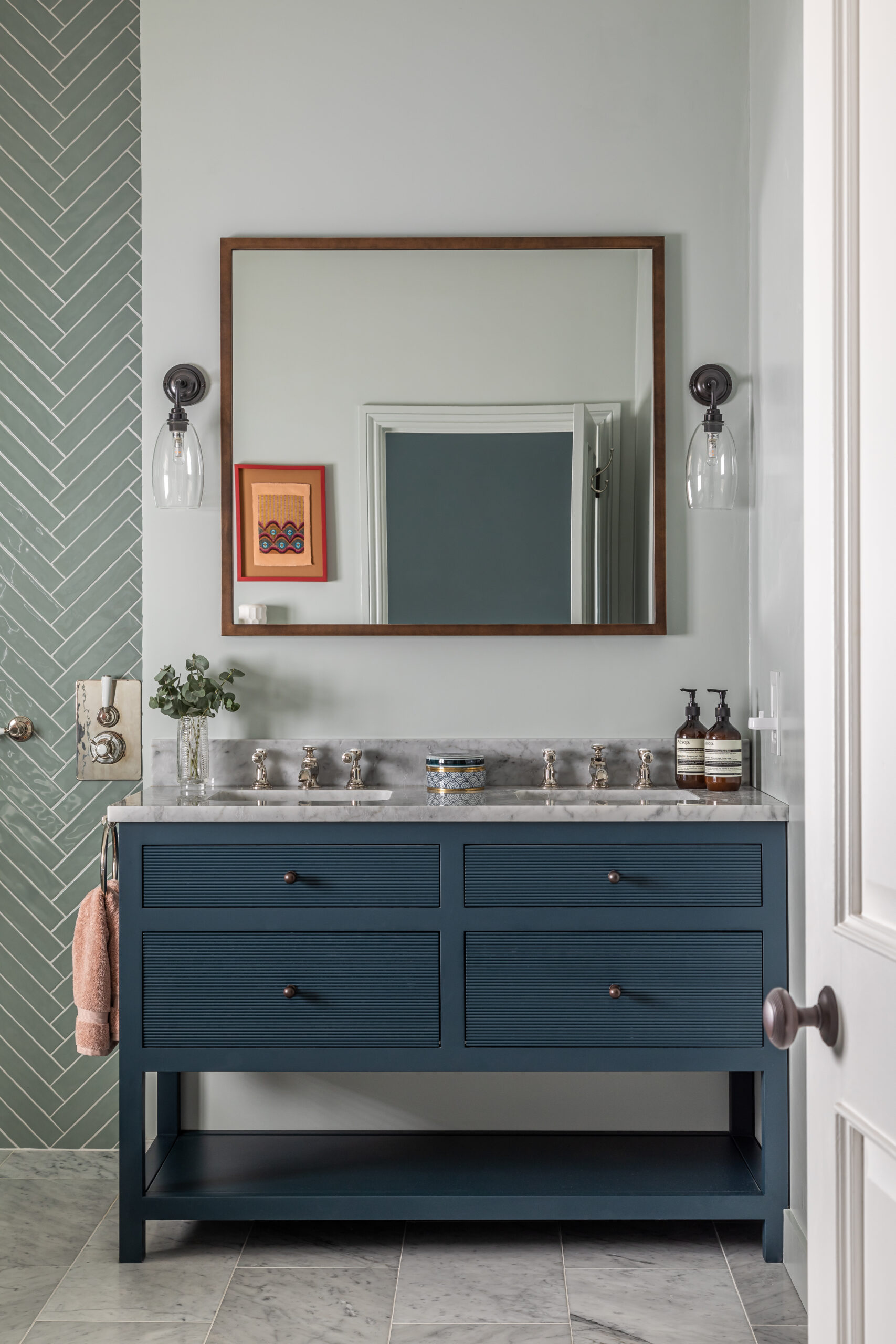 blue reeded vanity bronze mirror